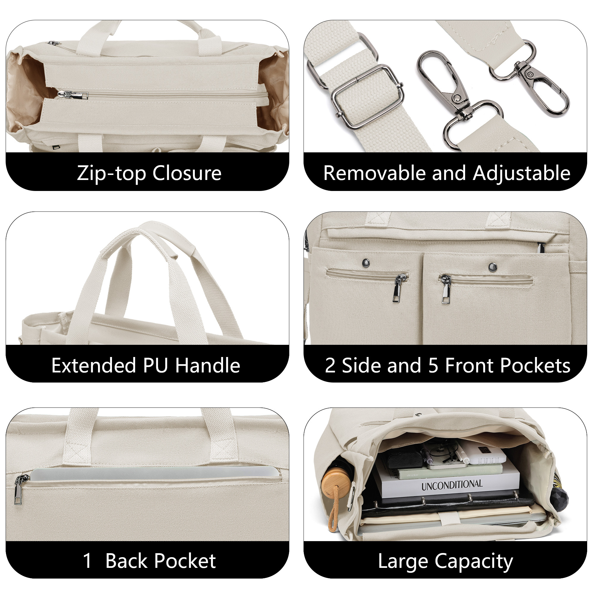 2pcs/Set Large Canvas Tote Bags for Women – Laptop-Friendly Work Totes with Crossbody/Shoulder Straps | Ideal for Travel, Gym & Daily Use