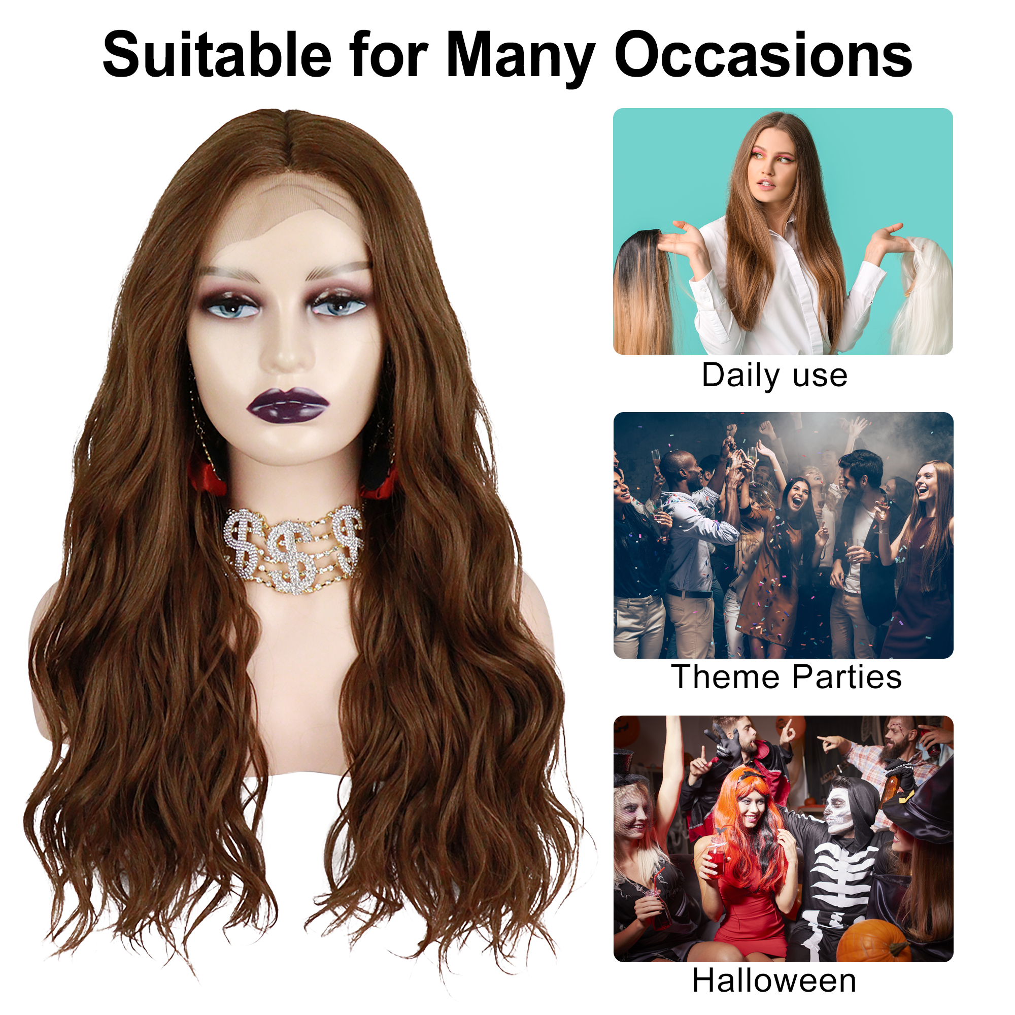 Unique Bargains Lace Front Wigs Long Body Wave with Comb Light Brown