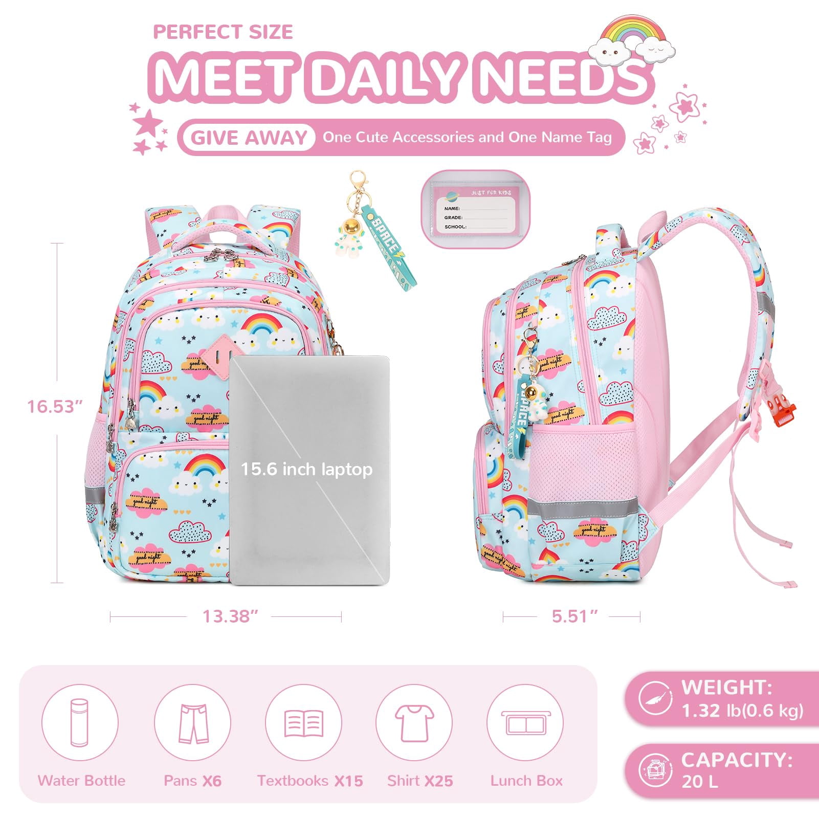 Soda Candy Kids Backpack Kawaii Printed School Girls Backpacks, Lightweight Water Resistant Boys Bookbag for Primary Kindergarten Elementary Preschool Middle School, Blue Rainbow