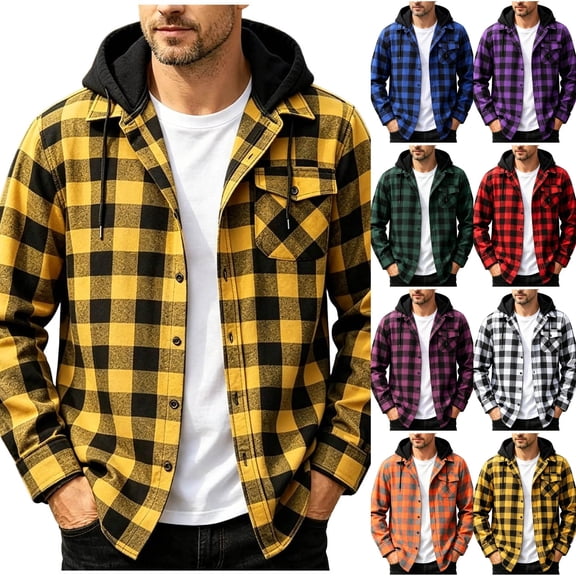 Hoodies For Men Plaid Long Sleeve Button Down Flannel Shirt Fall Fashion Outdoor Casual Big and Tall Hooded Shirt Yellow 4XL