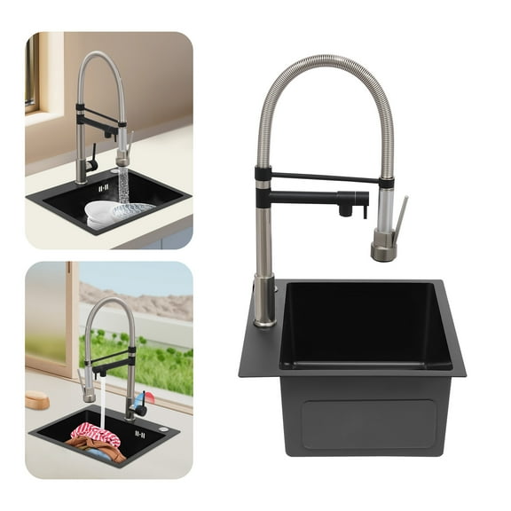 Kitchen Sink Single Handle Stainless Steel Faucet with Pull Down Sprayer(Brushed Black)