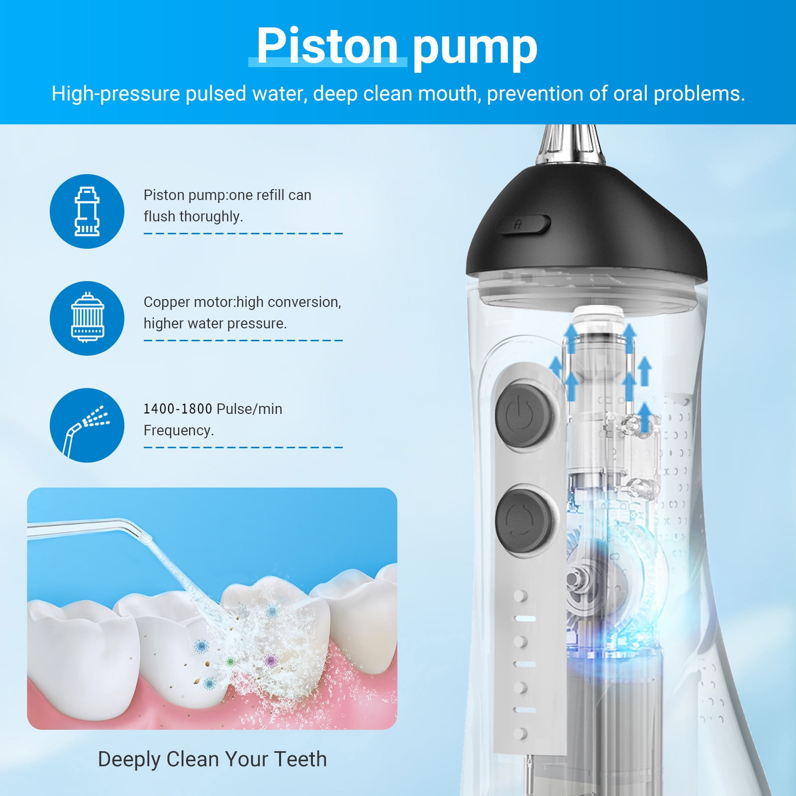 Betterchoi Water Flosser for Teeth, Portable Cordless Water Dental Flosser Teeth Pick – 4 Cleaning Modes, 1800 Pulses, 300ML Tank, IPX7 Waterproof, Black