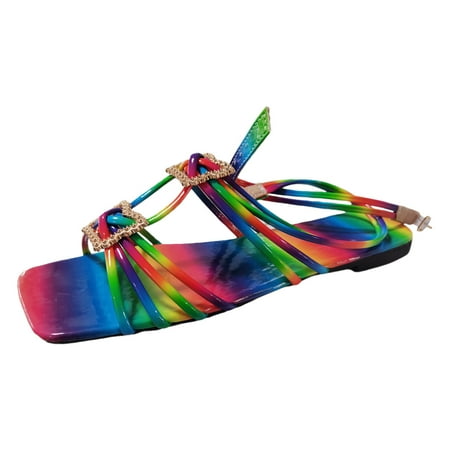 

Jungdeepe Ladies Summer Rhinestone Shiny Leather Rainbow Colour Square Adjustable Sandals Flower Wedge Sandals for Women Women s Casual Sandals Size 9 Women Size 8 Flip Flops Girls Shoes High Heels