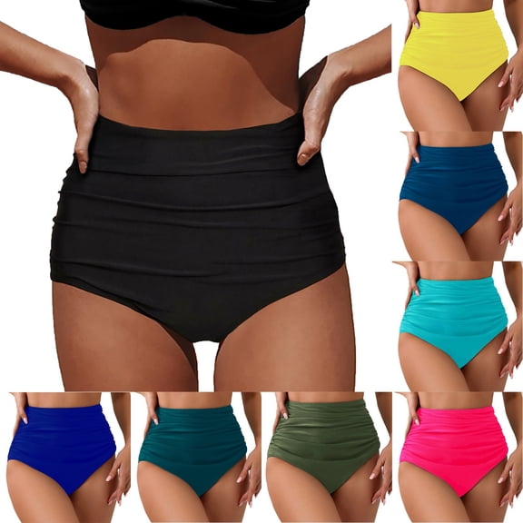 Hkoxplj Women's High Waisted Ruched Tummy Control Bikini Bottoms Retro Full Coverage Swim Bottom Bathing Suit Shorts Quick Dry Stretchy Vintage Swimsuit Bottoms for Beach Pool Solid Colors