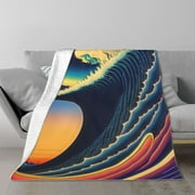 TEQUAN Double Layer Plush Bed Blanket, Japanese Style Ocean Wave Pattern Cozy Soft Air Conditioner Throw Blankets, 50" x 40"