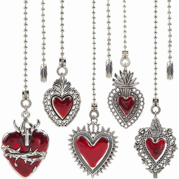 10Pcs 5 Styles Heart Ceiling Fan Pull Chain Silver Fan Chains Extensions Metal Alloy Adjustable Gothic Red Hearts Boho Decorative Ball Bead Replacement Hanging Ornament