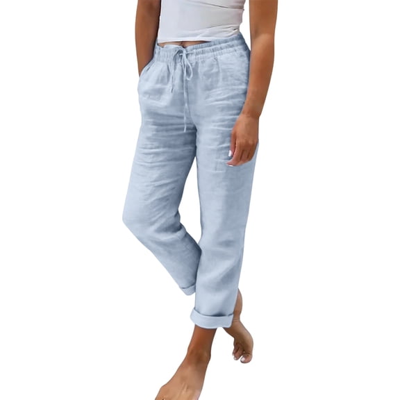Pants For Women Ladies Summer Elastic High Waist Solid Color Cotton Linen Wide Leg Loose Pants