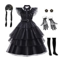 thumbnail image 2 of Vestido negro fruncido para baile de graduación para adolescentes y niñas, traje de Cosplay para niños grandes, disfraz familiar de Halloween Addams, Túnica gótica, 2 of 4