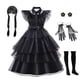 thumbnail image 2 of Vestido negro fruncido para baile de graduación para adolescentes y niñas, traje de Cosplay para niños grandes, disfraz familiar de Halloween Addams, Túnica gótica, 2 of 3