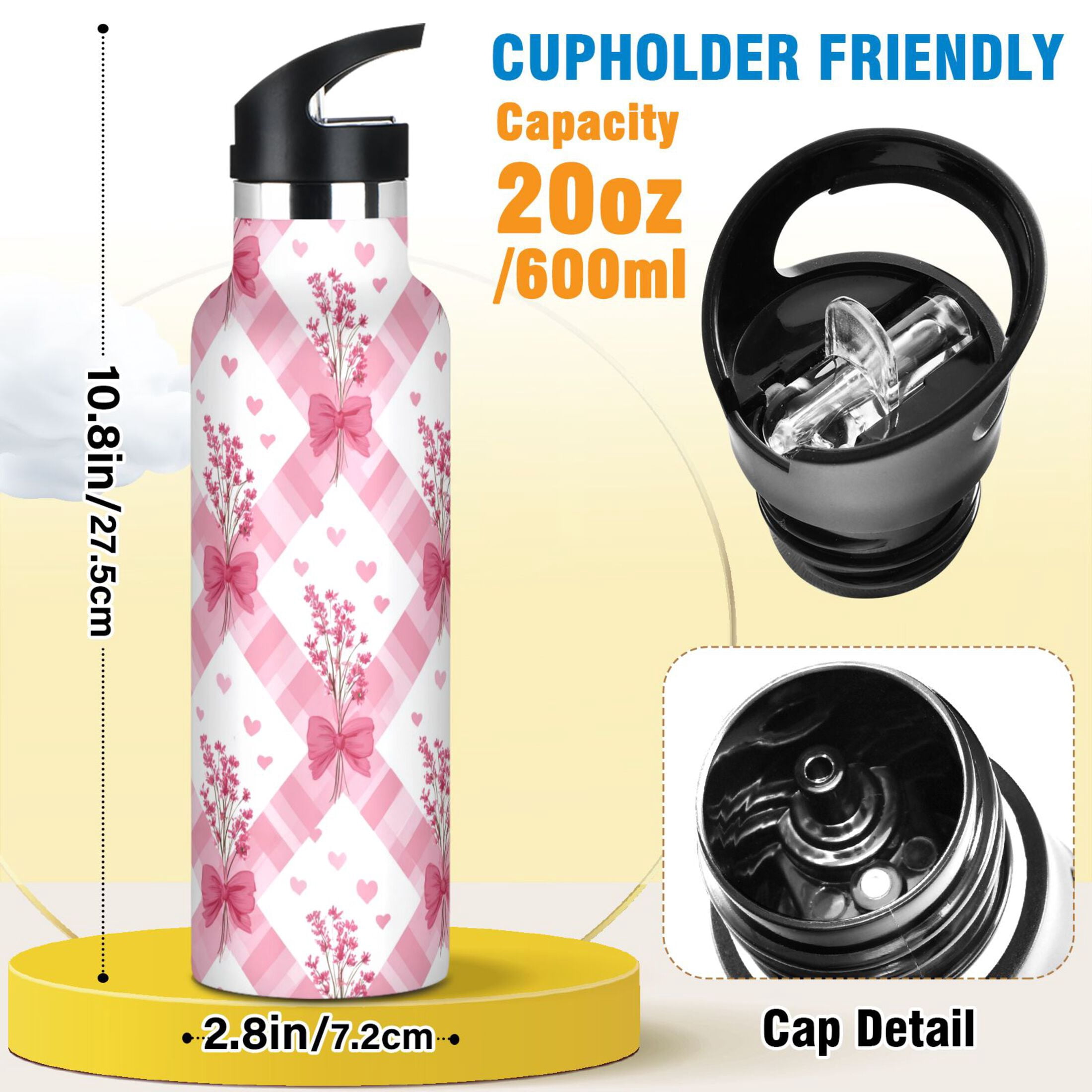 Kids Insulated Stainless Steel Sports Water Bottle 600ml Bows and Wildflowers Pattern