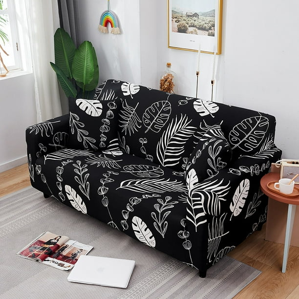 Funda de sofá elástica Fundas de sofá impresas Fundas de sillón para sofás de cojines Protector de muebles universal elástico con 2 fundas de almohada, antiarañazos para gatos (L, negro, 3 piezas)
