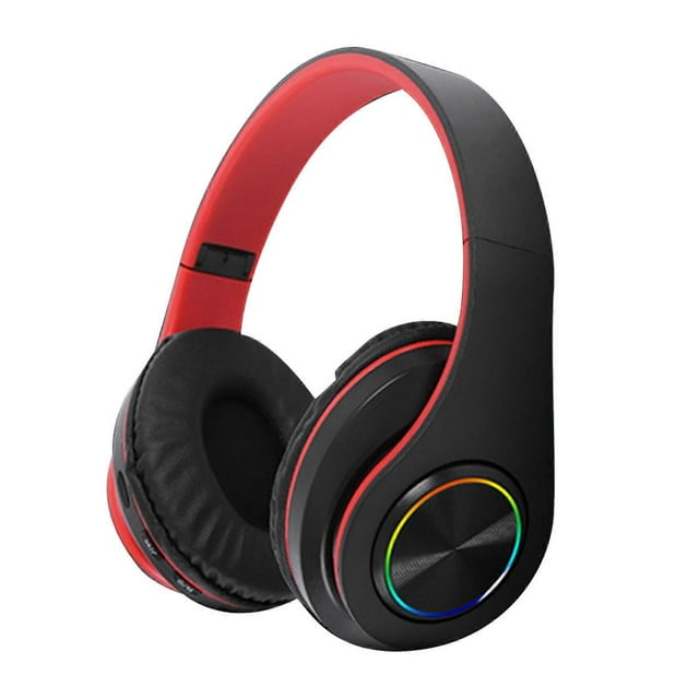 Bluetooth Headset with RGB Light Deep Bass Noise Reduction Comfortable Waterproof Foldable Wireless Gaming Headset Black Red