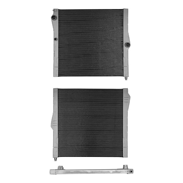 radiador de agua polar x6 2010 a 2016 bmw v8 4.4l soldado con aire acondicionado conjunto frontal en aluminio: dos núcleos de aletas rectangulares con tanques laterales y orificios de entrada/salida más perfil inferior separado; tipo soldado, dimensiones 22 5/6 x 23 1/2 x 32 mm; compatible con transmisión automática y aire acondicionado.