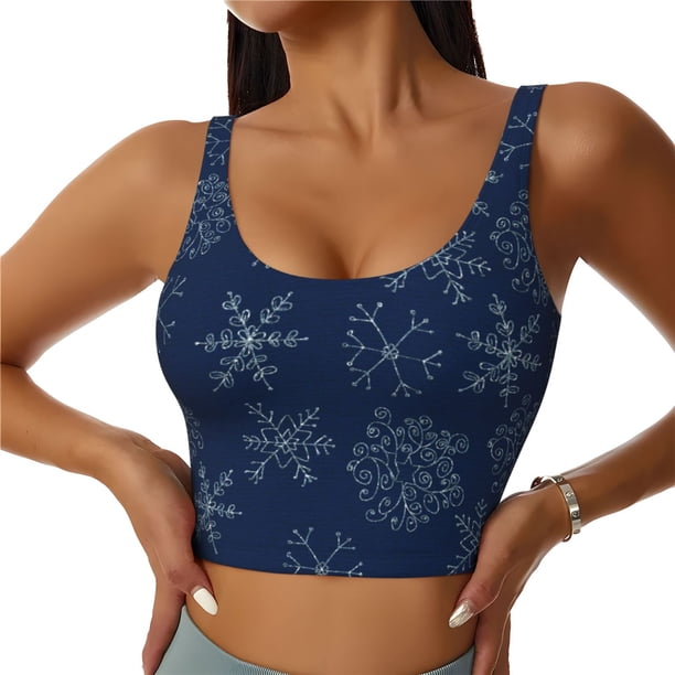 Balery Snowflake Dark Blue Sujetadores deportivos con espalda cruzada para mujer, acolchados, sin costuras, de alto impacto, ideales para yoga, gimnasio, entrenamiento y fitness.-Large