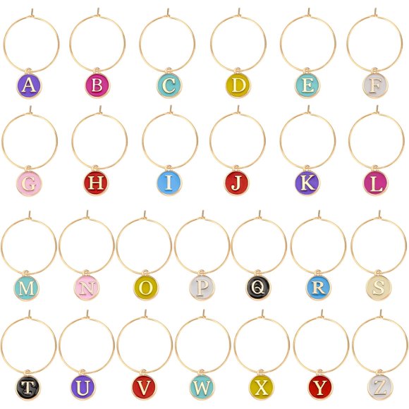 OOTSR 26 Pcs Alphabet Wine Glass Charms, Wine Glass Markers, Drink Label Tags for Wine Tasting Party Decorations, Cup Identifier Charms for Stem Glasses Goblet