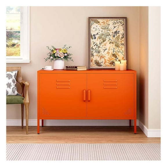Orange Metal Storage Cabinet with Doors and Shelves,2 Door Wide Metal Locker Accent Storage Cabinet with Leg & Vent Hole,Wide TV Cabinets,Low Side Cupboard for Home,Office,Dining/Living Room