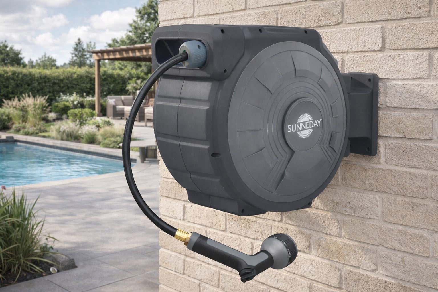 Sunneday 100ft Retractable Hose Reel 5/8 | Automatic Retractable Hose Reel w/Wall Mount | Easy to Assemble Water Hose Reel w/Flexible Swivel Mount | Retractable Garden Hose Reel (100ft.Black/Gray)