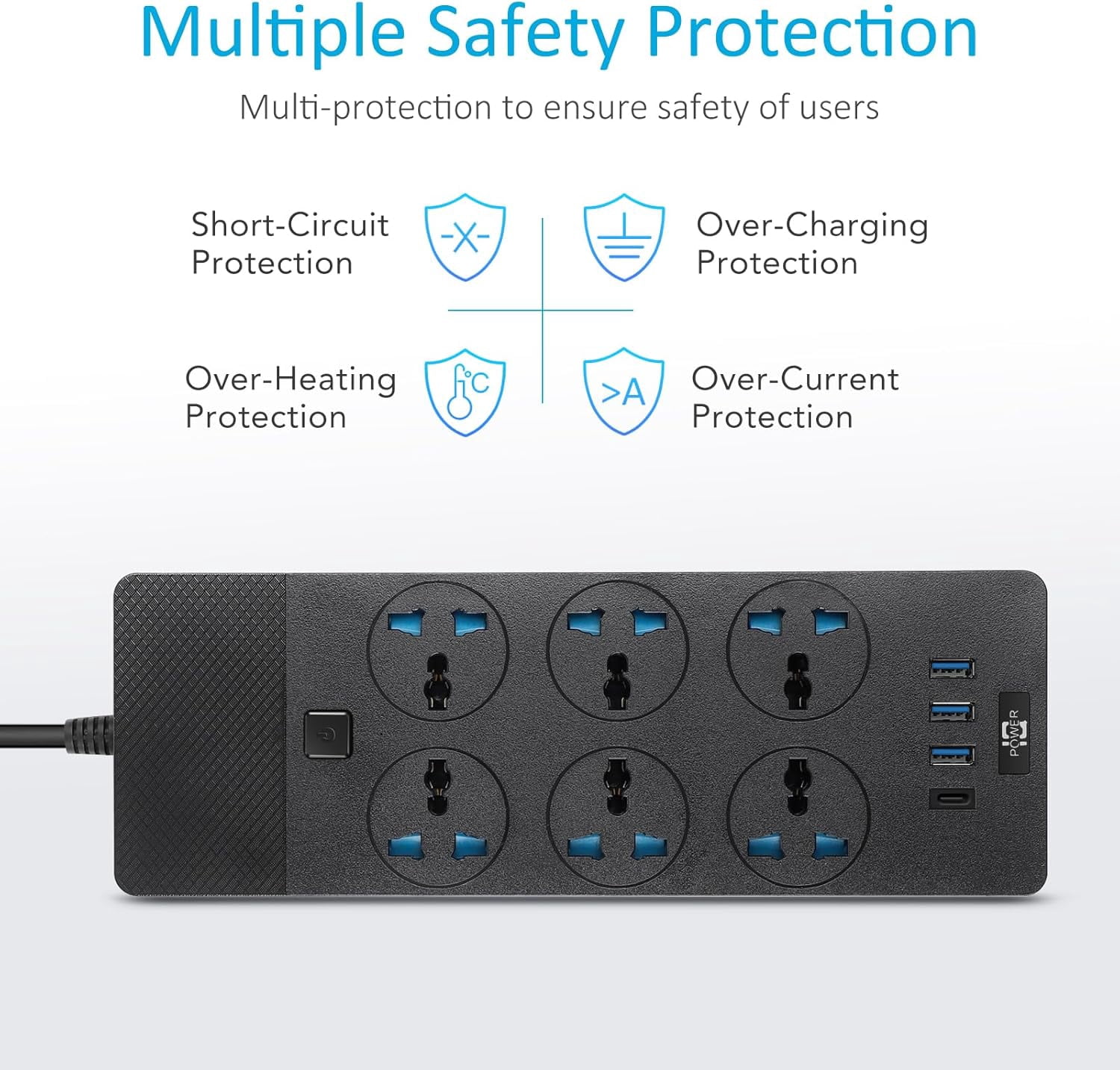 Universal Power Adapter, 3000w trip with 4 USB Ports (1 USB C), 6ft Extension Cord with International Outlets, 110-240v, European Travel Plug Adapter for Home Office Travel, Black