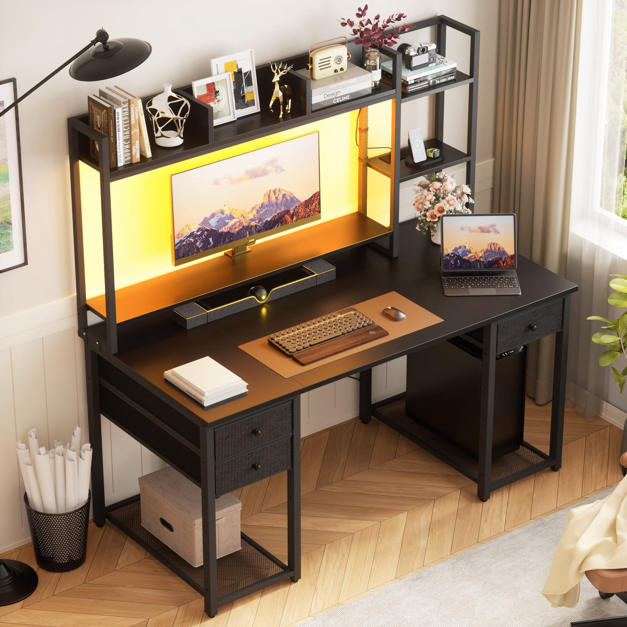 iSunirm Desk with LED Light and Power Outlet, 47.2'' Gaming Desk with Hutch, Reversible Computer Desk with Drawers, and Storage Bookshelf, Large Workstation Desk, for Home & Office, Black