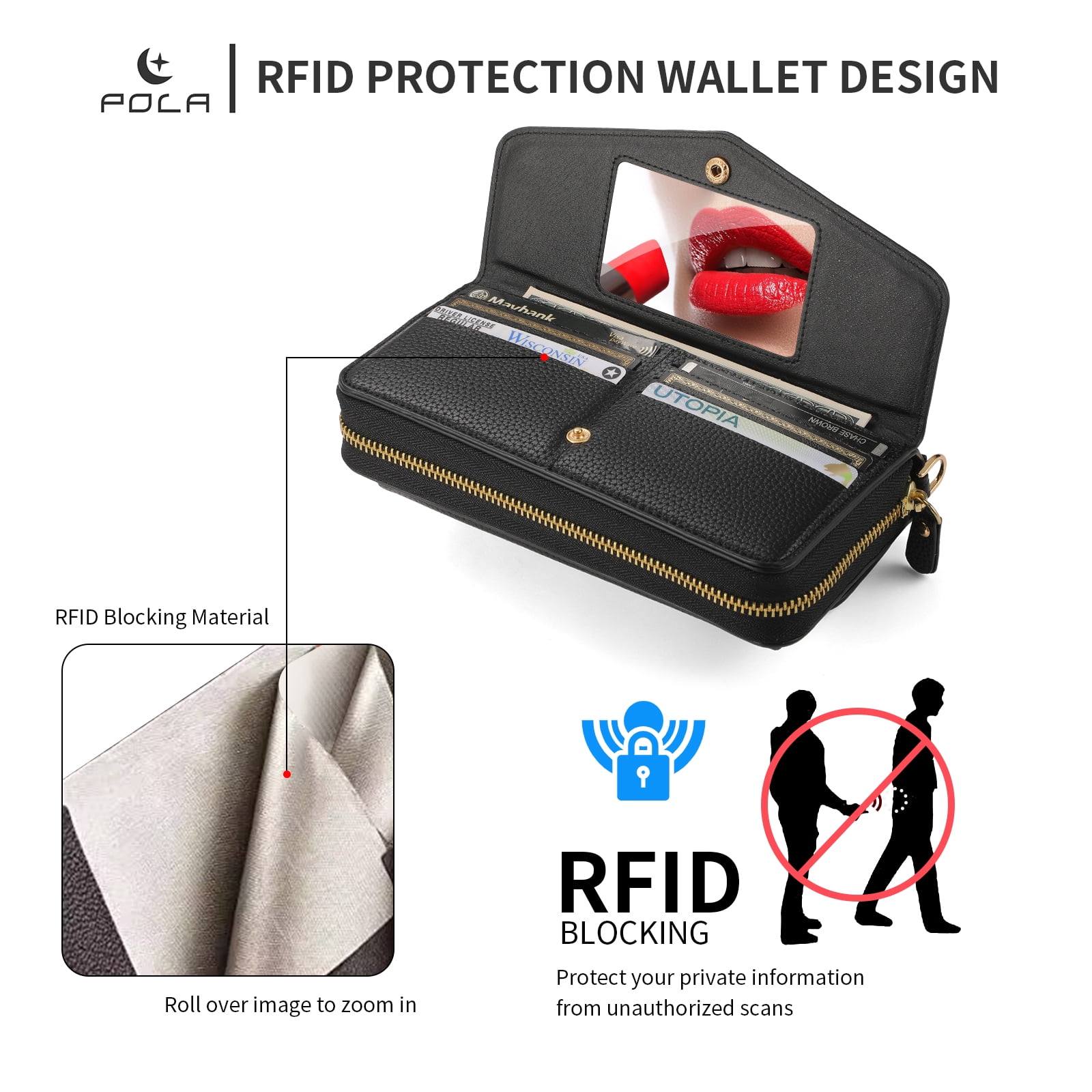 Dteck Crossbody Wallet Case for iPhone 17 Pro Max, Magnetic Detachable Floral PU Leather Phone Case with RFID Blocking Card Holder Wristlet Mirror Flip Zipper Shoulder Purse Bag for Women, Black