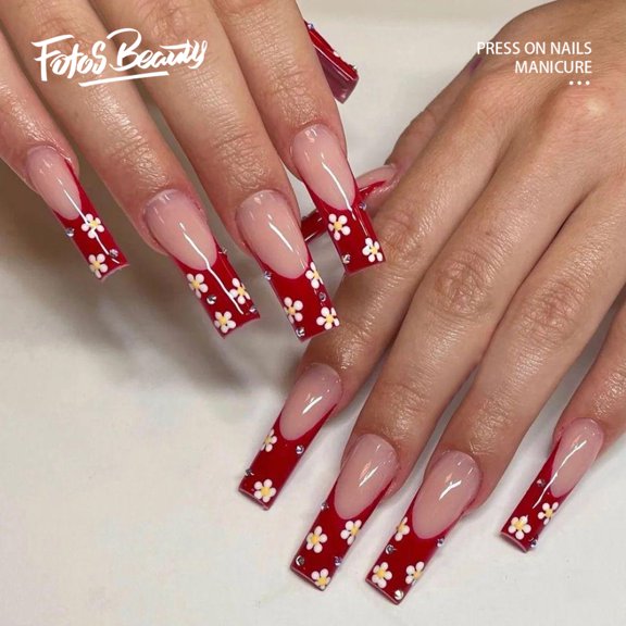Fofosbeauty 24pcs Press on False Nails, Long Coffin Fake Nails, Stones and Daisy French Red