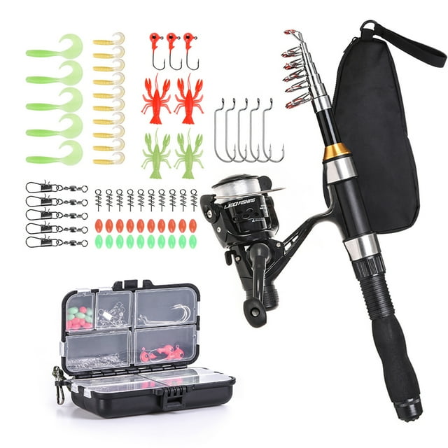 Fishing Rod Reel Combo Full Kit 1.5m Telescopic Fishing Rod Spinning Reel Set with Hooks Soft Lures Barrel Swivels Storage Bag. This set features a 1.5-meter telescopic rod that retracts to 32cm, a spinning reel with a 5.2:1 gear ratio, and essential fishing accessories like hooks, soft lures, barrel swivels, and oval beads. It includes a tackle box with organized compartments and a zippered storage bag for convenience. Lightweight and portable, it is ideal for beginners and professionals.