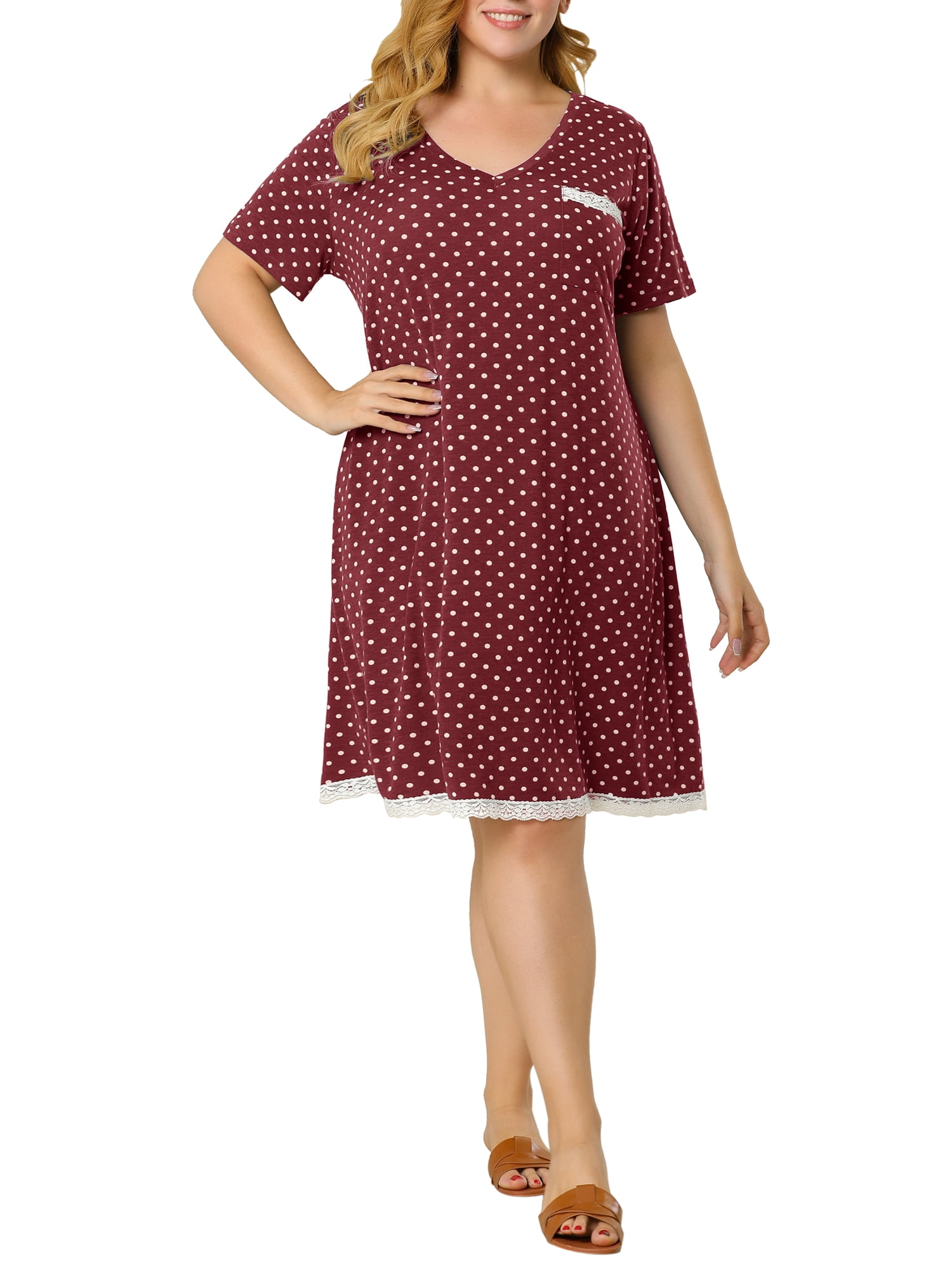 DARING DIVA Women's Plus Size Soft Short Sleeve Lace Trim Pajama Dress 3X Burgundy