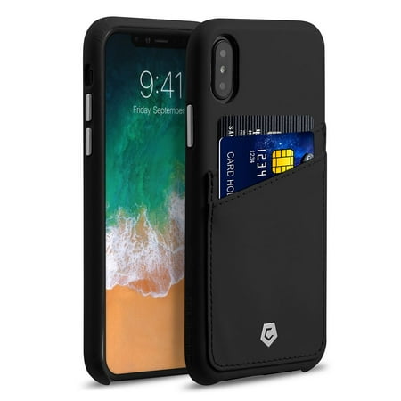 Card Mini Snap Pro Mold - Cobble Pro Premium Credit Card Slot Holder Skin Leather Snap-on Case Phone Back Cover for Apple iPhone X - Black