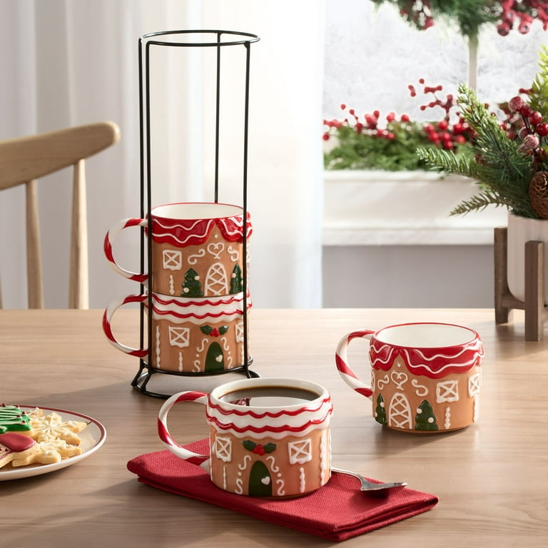 Holiday Time 12oz Gingerbread House Glazed Stoneware Ceramic Stacking Mug Set with Metal Rack Walmart