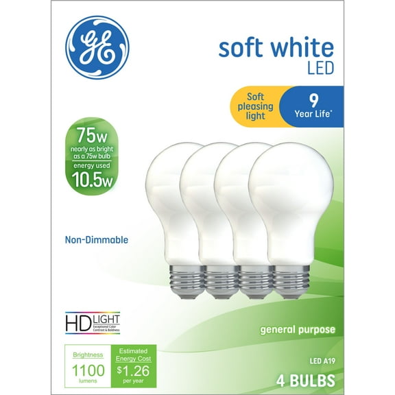 GE LED Light Bulbs, 75 Watt, Soft White, A19 Bulbs, Medium Base, 9yr, 4pk