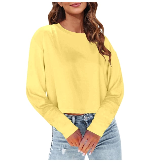 SNKSDGM Chemises Blanches à Manches Longues pour Femmes en Coton Court, Hauts d'Entraînement à Manches Longues pour Femmes Grande Taille, Mode Décontractée, Col Rond Uni, T-Shirt Court à Manches Longues L