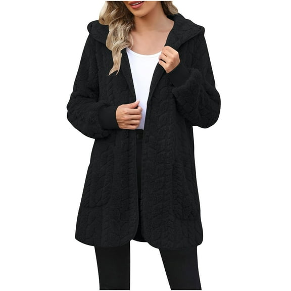 Fleece Hooded Jackets for Women Trendy Fall Winter Open Front Cardigan Warm Outerwear with Pockets New Running Jackets for Women Black XL