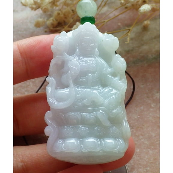 Certified Green Pale Lavender Burma 100% Natural A Jade jadeite Pendant  Guanyin Kwan Yin Necklace 593301 TN