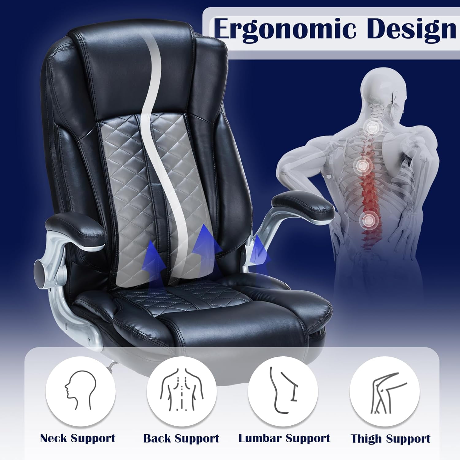 HESL Office Chair with Flip-Up Arms, Big and tall Office Chair with Rocking Mode, Desk Chair, Black