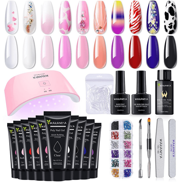 Wakaniya Poly Gel Nail Kit with UV 10 Colors Quick Nail Extension Gel Builder, Rhinestone, Gel Manicure Kit with uv Slip Solution, Complete Poly Gel Starter Kit for DIY -
