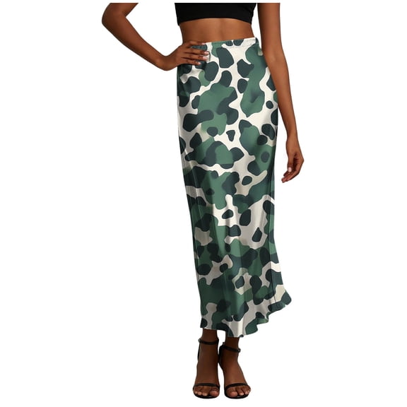 Zynoxe Womens Satin Midi Skirt Trendy Camo Printed Slim Elastic High Waist Cotton Linen Skirts Casual Streetwear Outdoor Travel Vacation Cute Skirts Army Green S