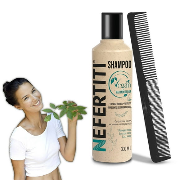 Shampoo Vegan Nefertiti 300 ml con Peine Alfamar | Fórmula Sin Sulfatos ni Parabenos | Limpieza Nutritiva para Cabello Dañado o con Alaciado Permanente