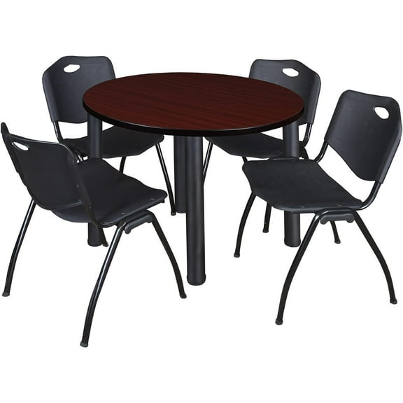 Homestock Rustic Romance 36" Round Lounge Table Mahogany/ Black With 4 'M' Nesting Chairs, Black - Ergonomic Breakroom Furniture Set For Staff Break Room, Tables & Chair, Breakroom Set