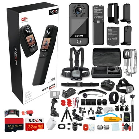 SJCAM C300 4K Dual Touchscreen Action Camera | Ultra HD Compact Vlogging Cam with Front and Rear Screens | Waterproof Mini Camera (C300B)   50-in-1 Action Kit   64GB Card   USB-C Adapter   More