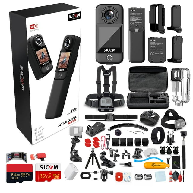 SJCAM C300 4K Dual Touchscreen Action Camera with front and rear touchscreens, waterproof housing, and modular battery system. Includes a 50-in-1 accessory kit, 64GB microSD card, USB-C adapter, cleaning kit, and various mounts for biking, travel, and sports. Perfect for vlogging and capturing adventures in Ultra HD clarity.