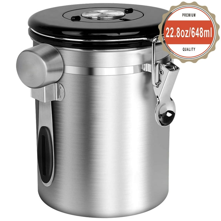 Airtight Coffee Canister Stainless Steel Coffee Storage Container with CO2 Valve Sealed Cantilever Lid, Silver