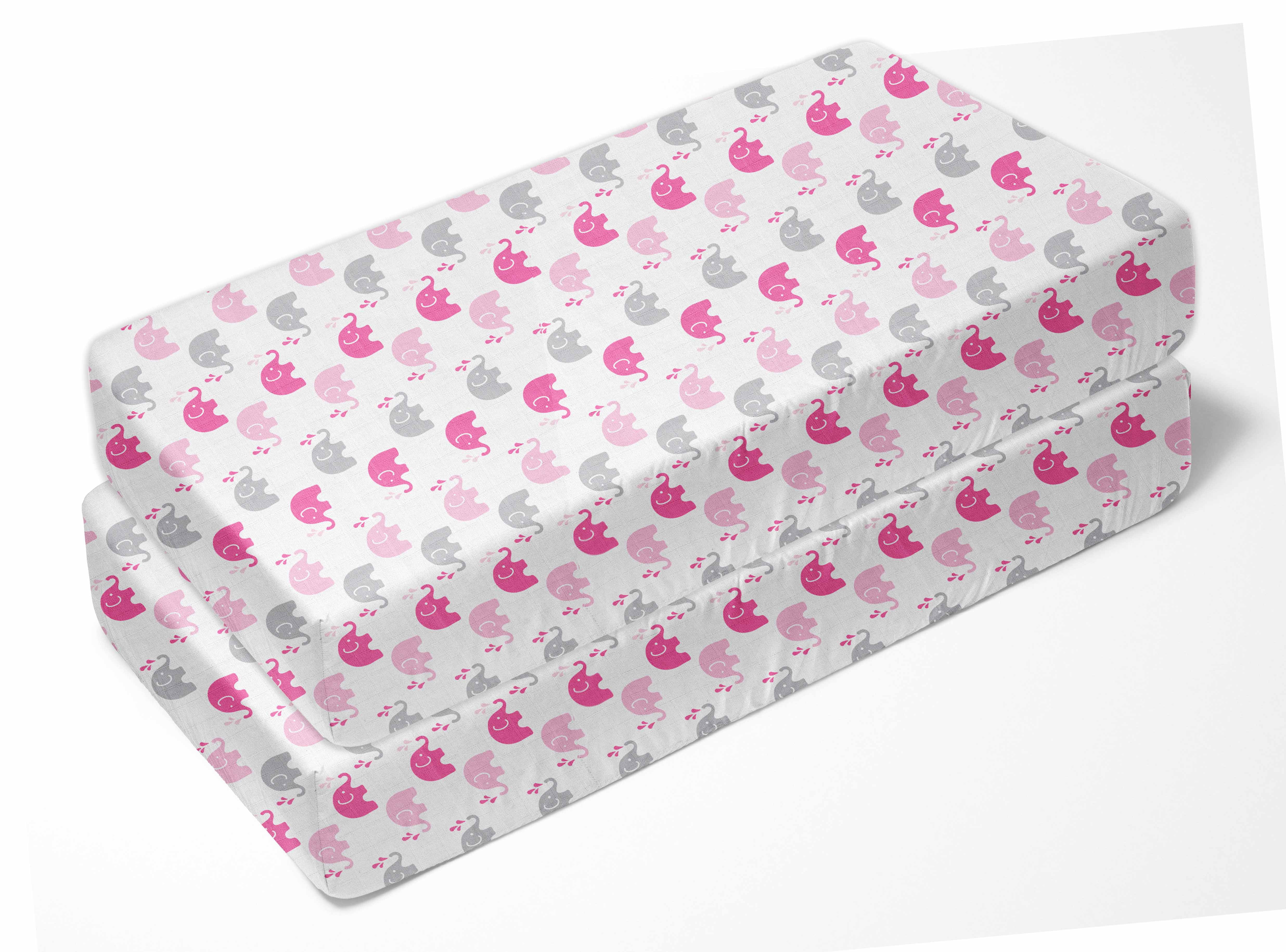 Bacati - Elephants Crib/Toddler Bed Fitted Sheets 100% Cotton Muslin 2 Pack, Pink/Gray