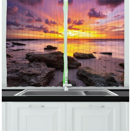 Orange Bedroom Set Tropical Curtains 2 Panels Set, Sunset at the Beach Horizon on Island Magical Idyllic Weather Landscape, Window Drapes for Living Room Bedroom, 55W X 39L Inches, Mauve Salmon Lilac, by Ambesonne ()