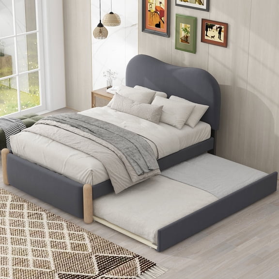 Noble House Sheila Twin Upholstered Platform Bed, Arc-Shaped Berber Fleece Frame with Twin Trundle, Gray