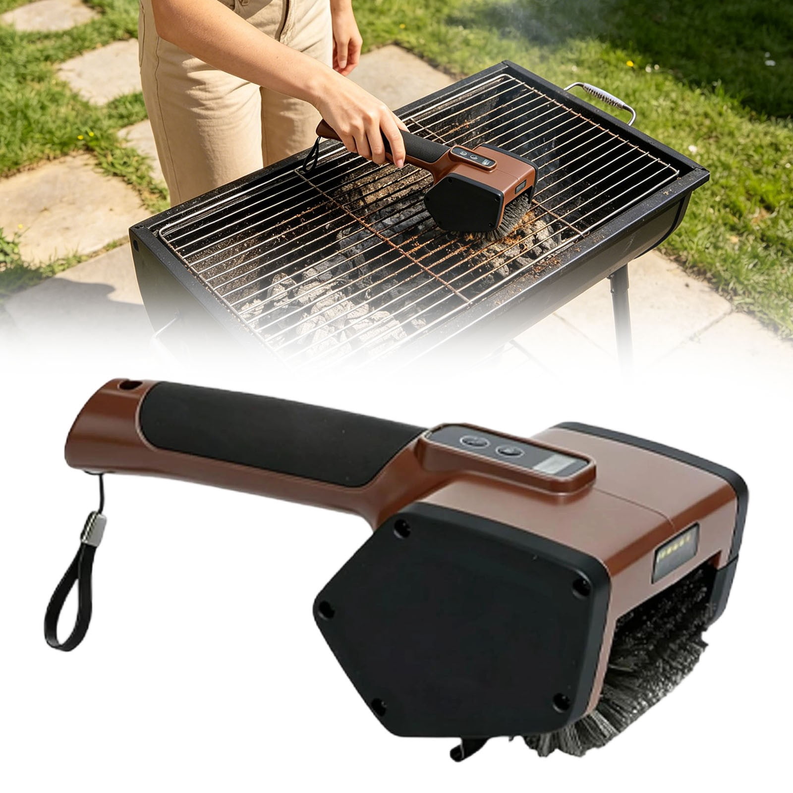 Cordless Rechargeable Grill Brush Cleaner, Bbq Tool With Stainless Steel Head And Led Display For Camping Patio And Barbecue (Brown)
