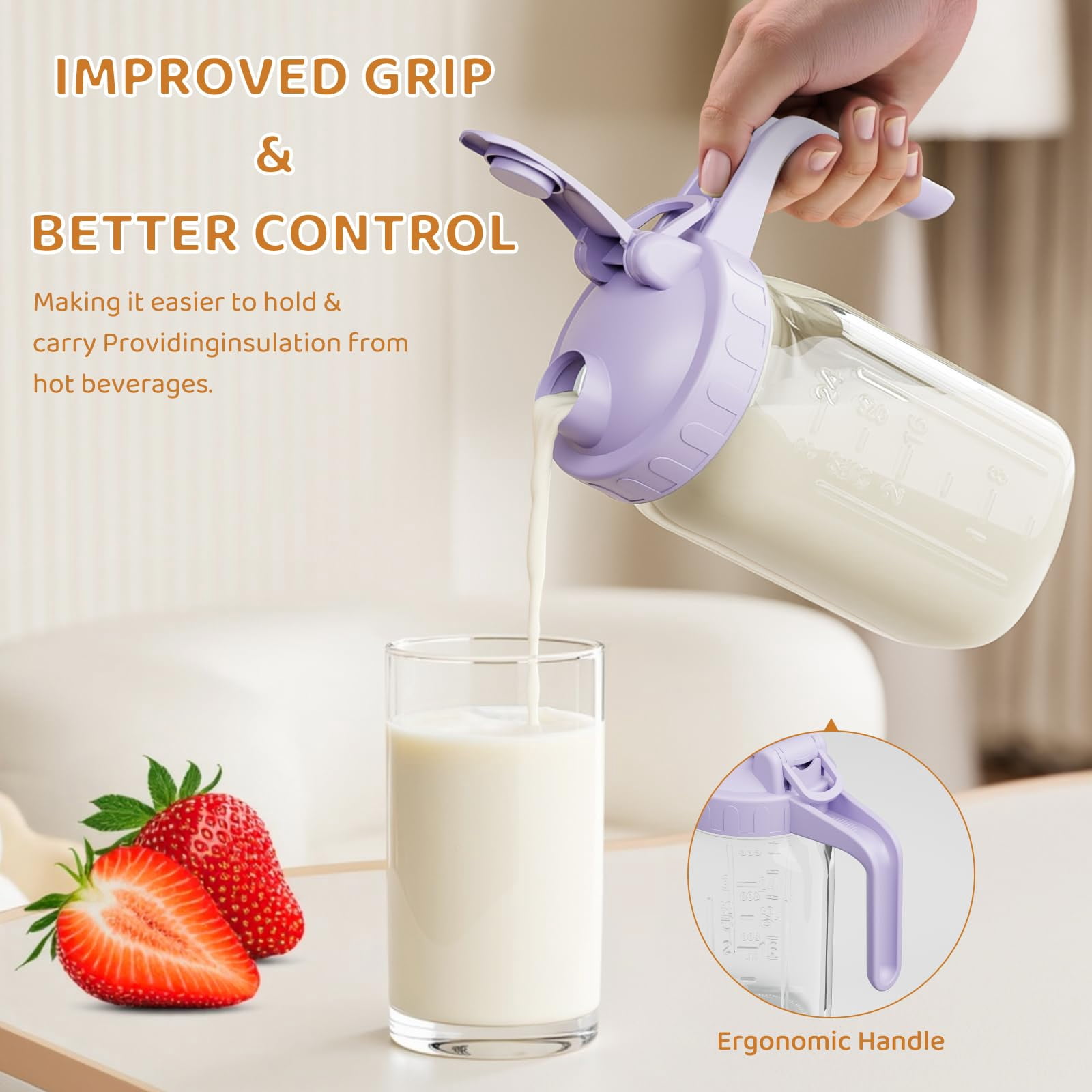 Breast Milk Pitcher  Mason Jar 32 Oz Heavy Duty Wide Mouth With Purple Flip Cap Lid And Pour Spout Formula Airtight Seal For Freshness Convenience Great Cold Beverages