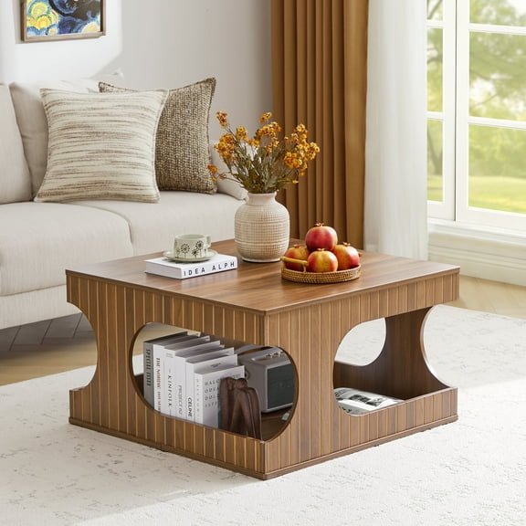 YOCWO Square Coffee Table with Storage, Carved Line Coffee Table with Arched Half Open Storage Compartment, Walnut
