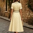 thumbnail image 5 of Karymi Polka Dot Print Vintage Midi Dress, Lapel V Neck Short Sleeve Contrast Trim Button Front A-Line Dress with Self Tie Belted Waist Cocktail Dresses for Women, 5 of 7