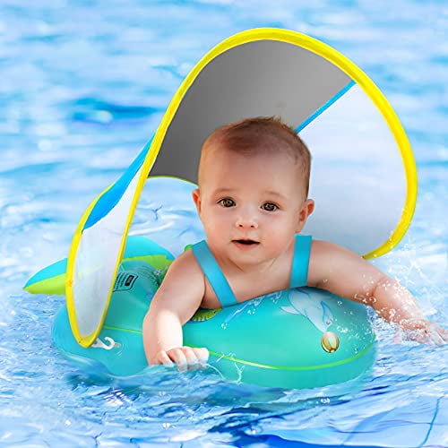 No Flip Over Baby Pool Float with Canopy UPF50+ Sun Protection, Inflatable  Baby Float with Sponge Safety Support Bottom, Fun Gifts Water Toys 