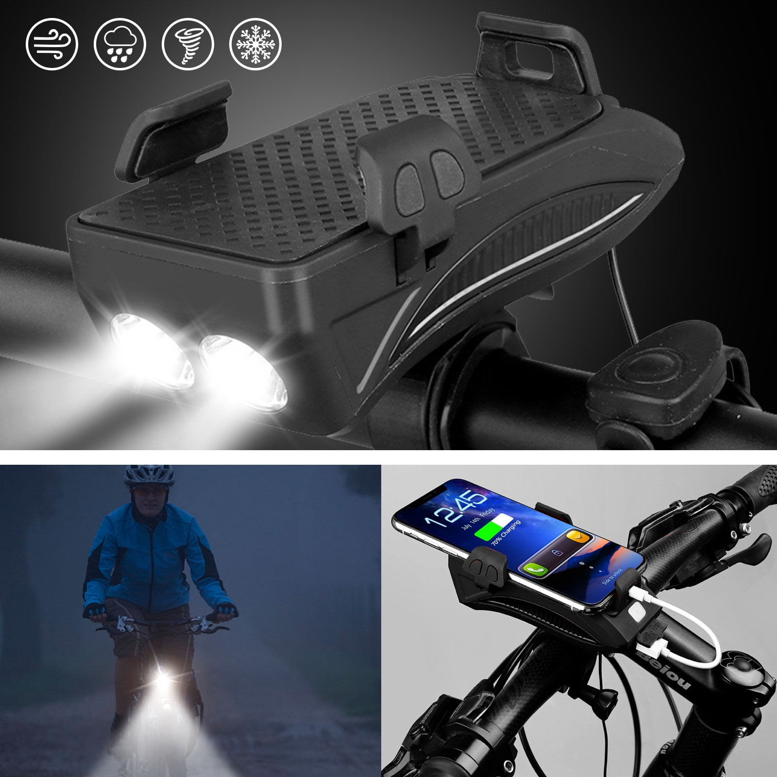 4 in1 Outdoor Bike Bicycle Light Waterproof with Horn Phone Holder Power Bank